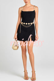 Timeless Exquisite Tweed Fabric Metal Coin Chain Detail Slip Mini Dress
