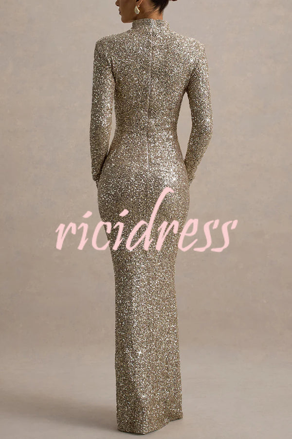 Galaxy Premium Sequin Turtle Neck Long Sleeve Maxi Dress