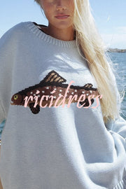 Fashionable Fish Pattern Round Neck Loose Knitted Sweater