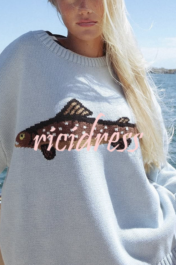 Fashionable Fish Pattern Round Neck Loose Knitted Sweater