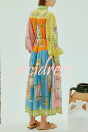 Unique Print Lapel Lantern Sleeve Single Breasted Tie Waist Midi Dress