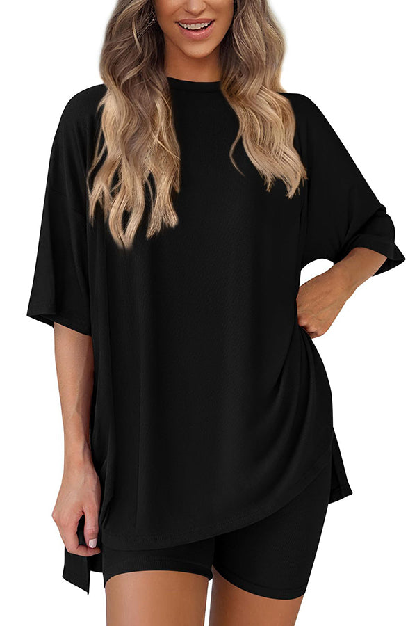 Solid Color Loose Short-sleeved Top and Stretch Casual Shorts Set