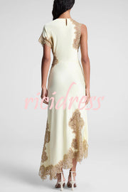 Paris Dream Satin Lace Trim Irregular Design Drape Maxi Dress
