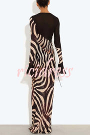 City Night Chiffon Colorblock Animal Print Tie-up Long Sleeve Maxi Dress