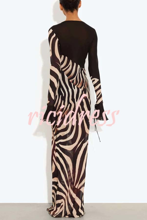 City Night Chiffon Colorblock Animal Print Tie-up Long Sleeve Maxi Dress