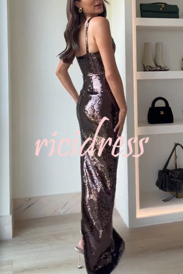 Dazzling Like Flowing Water Sequin V-neck Back Zipper Slit Maxi Dress