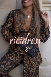 Chic View Leopard Print Tie-up Waist Lapel Blazer and Elastic Waist Loose Pants Set