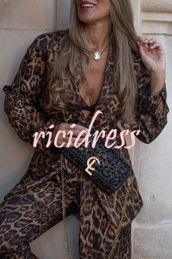 Chic View Leopard Print Tie-up Waist Lapel Blazer and Elastic Waist Loose Pants Set