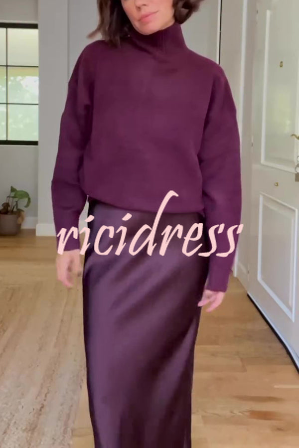 Jaelyn Solid Color Turtleneck Long Sleeve Sweater and Satin Elastic Waist Maxi Skirt Set