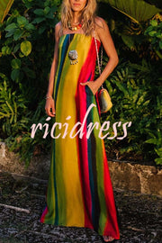 Artistic Rainbow Satin Watercolor Print Off Shoulder Pocketed H-line Maxi Dress