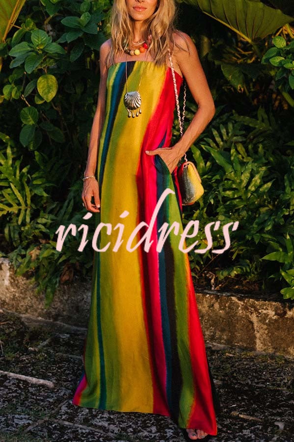 Artistic Rainbow Satin Watercolor Print Off Shoulder Pocketed H-line Maxi Dress
