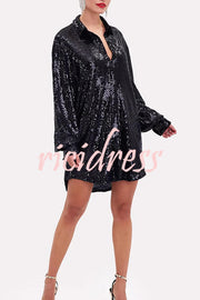 Solid Color Sequined Long-sleeved Casual Mid-length Loose Shirt