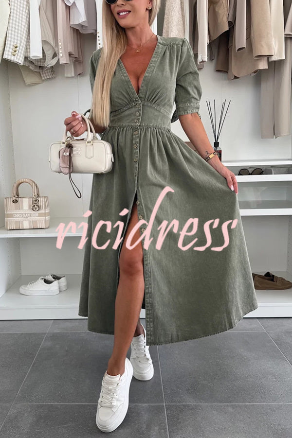 Solid Color V-neck Button-down Denim Midi Dress