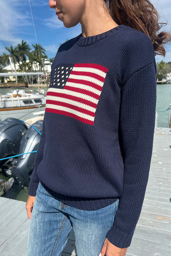 Flag Pattern Knitted Casual Crewneck Long Sleeve Sweater