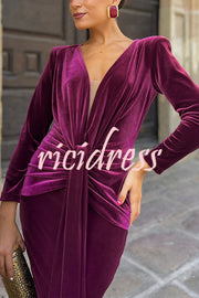 Elisabeth Luxurious Velvet Padded Shoulders Long Sleeve Twist Waist Drape Midi Dress