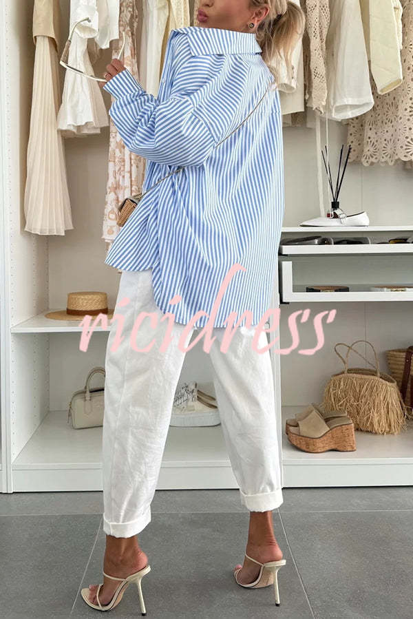 Zoie Striped Stretch Bandeau + Elastic Waist Pocket Shorts + Oversized Blouse 3 Pieces Set