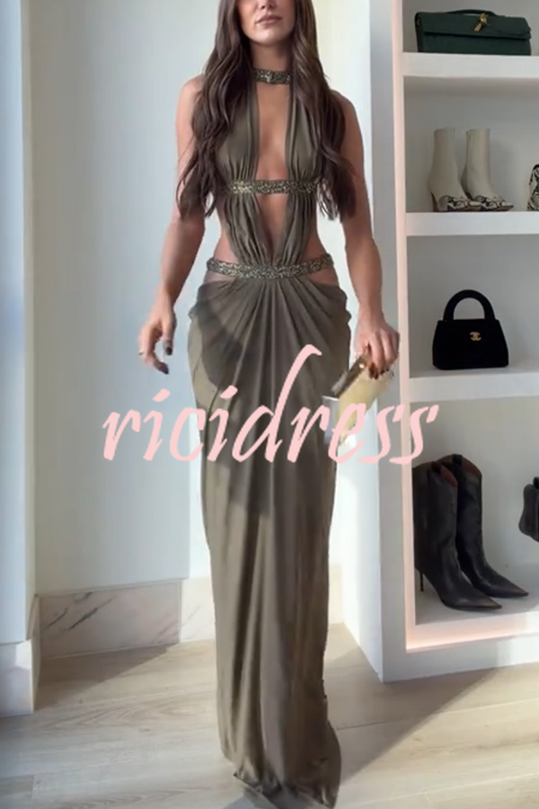 Khaki Hot-fix Rhinestone Shoulder Strap Cutout Design Backless Drape Maxi Dress