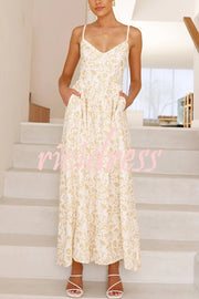 Floral Print V-Neck Sleeveless Back Tie Pocket Maxi Dress