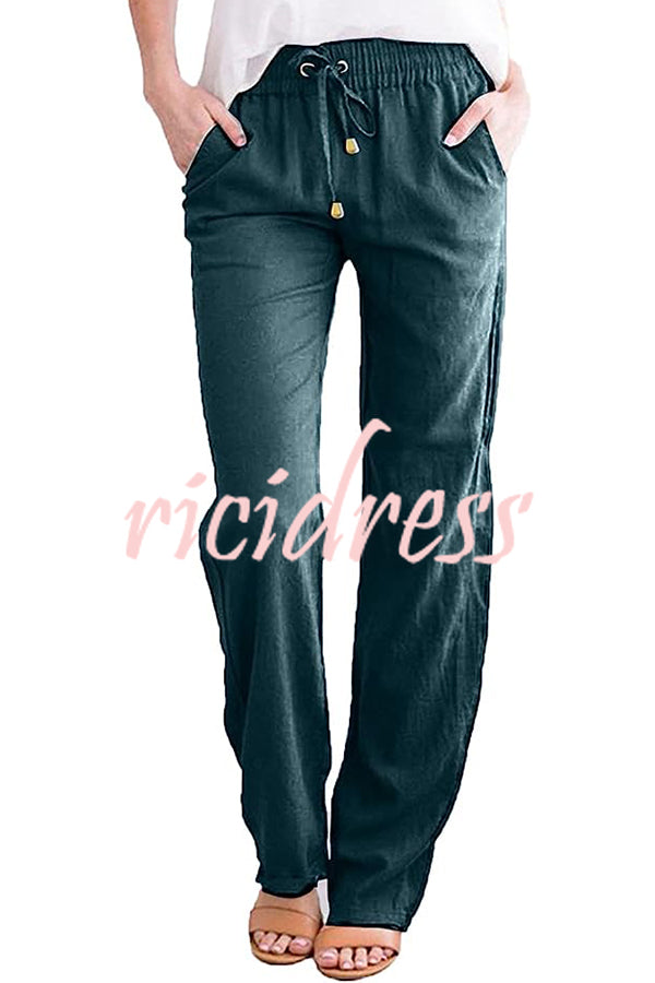Soft Breathable Solid Color Drawstring Elastic Waist Long Straight Pants