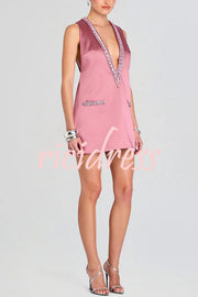 Elegant Demeanor Satin Gemstone Trim Deep V-Neck Tank H-line Mini Dress