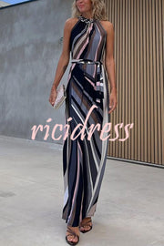 Flowing Elegance Colored Lines Printed Belt Halter Maxi Dress
