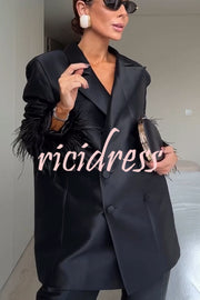 Chic Affair Satin Feather Trim Lapel Loose Blazer and High Rise Pocket Tapered Pants Set