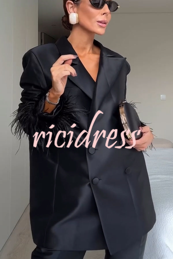 Chic Affair Satin Feather Trim Lapel Loose Blazer and High Rise Pocket Tapered Pants Set