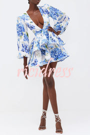 Feminine and Sexy Floral Print Deep V-neck Balloon Sleeve Tiered Mini Dress