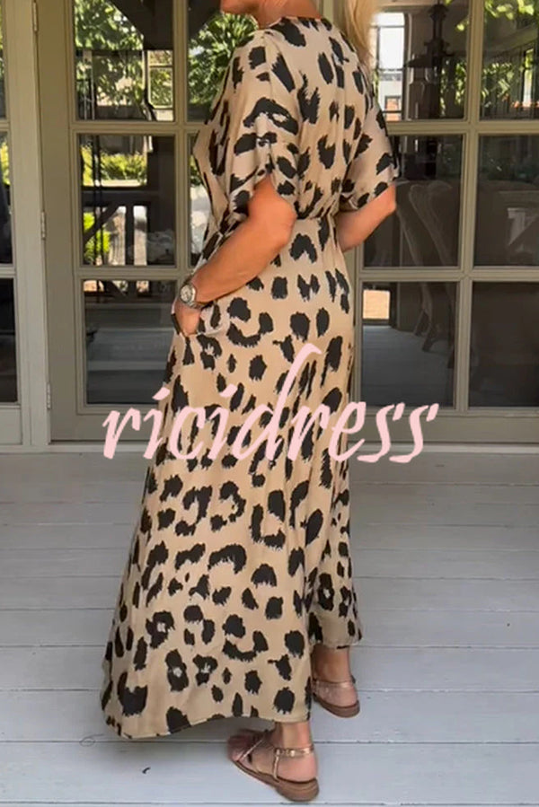 Leopard Print Casual Loose V-neck Short-sleeved Pocket Midi Dress