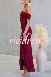 Sexy Mesh Off-shoulder Slim Fit Ruffled Slit Maxi Dress