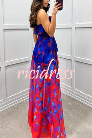 Loving Moment Gradient Unique Print Flowing Layered Ruffles Strapless Slit Maxi Dress