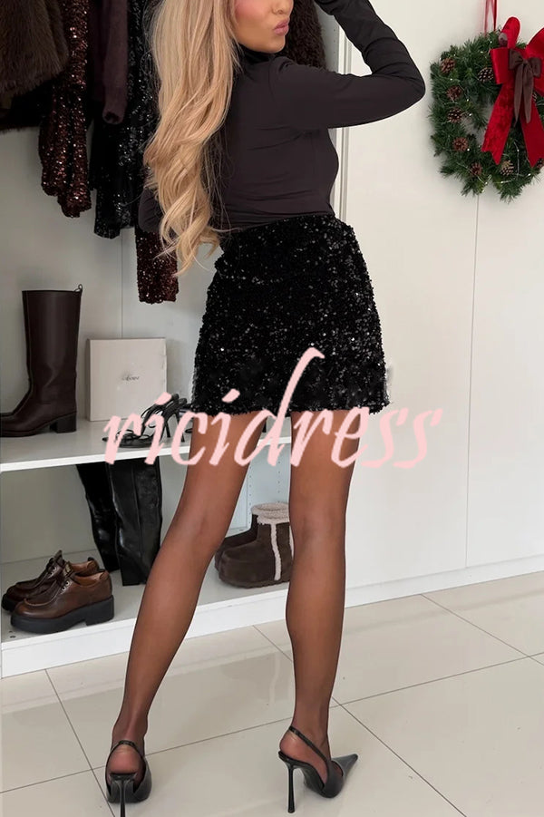 Polished Uptown Velvet Sequin High Rise Elastic Waist Mini Skirt