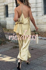 Satin Solid Pocket Loose Casual Pants