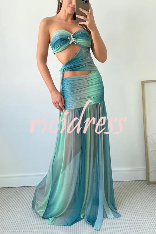Soleil Mesh Printed Starfish Pendant Ruched Cutout Off Shoulder Maxi Dress