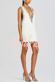 Cocktail Charm Sequin Colorblock Trim V-neck Sleeveless A-line Mini Dress