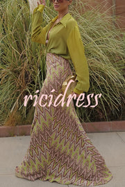 Moonlit Waltz Knit Jacquard Zigzag Print High Rise Stretch Flare Maxi Skirt