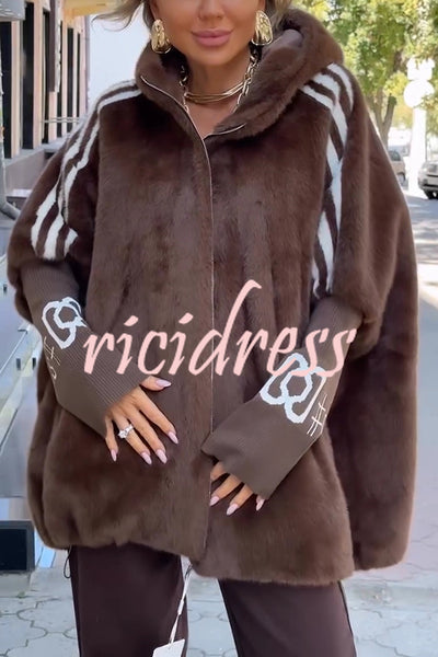 Fashion Sports Stripe Print and Ribbed Embroidered Long Sleeve Zipper Hooded Plush Coat
