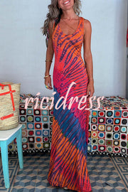 Nahuel Tie-dye Print Back Lace-up Fishtail Hem Stretch Maxi Dress