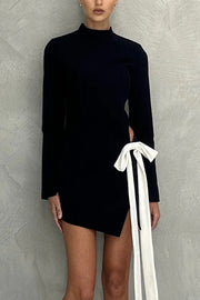Fashionable Long-sleeved Hollowed-out Bow Slim-fit Mini Dress