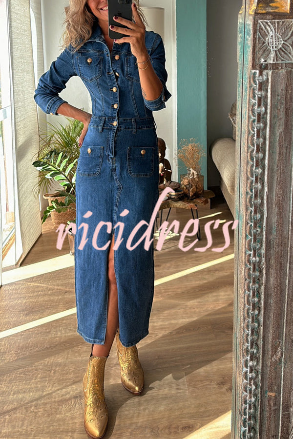 Tessy Denim Metal Button Zipper Shirt Stretch Pencil Slit Midi Dress