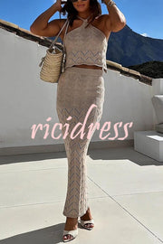 Solid Knit Hollow Halter Top and Stretch Fit Maxi Skirt Set