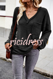 Snao V Neck Knitted Patchwork Pocket Long Sleeve Top