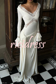 Fashion Lace Splicing Sexy V-neck Long-sleeved Slim Maxi Dress