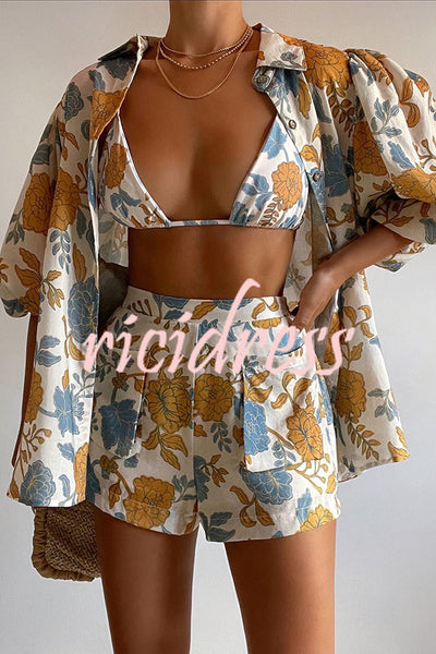 Hawaii Beach Floral Oversized Blouse with Cami Bra and Pocketed Short Set