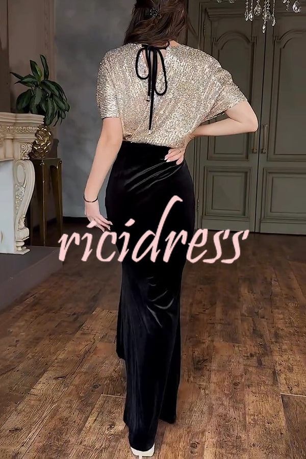 Elegant V-neck Sequined Velvet Stitching Sexy Slit Maxi Dress