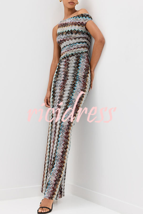 Cocktails and Vacation Knit Colorful Zigzag Pattern One Shoulder Slit Maxi Dress