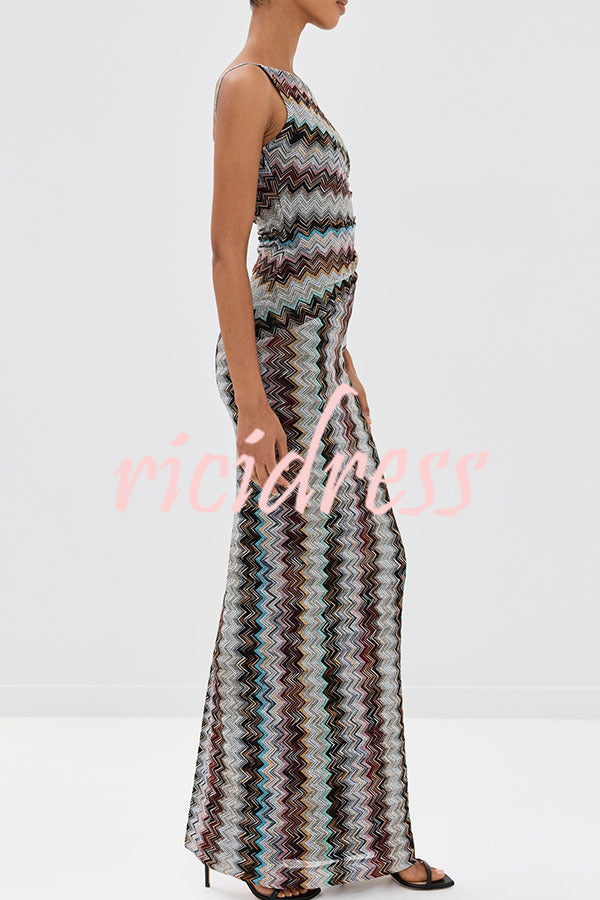 Cocktails and Vacation Knit Colorful Zigzag Pattern One Shoulder Slit Maxi Dress
