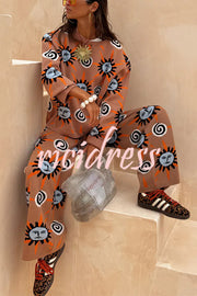Mediterranean Art Knit Unique Sun Vortex Print Elastic Waist Wide Leg Pants