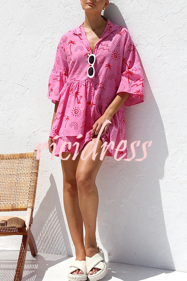 Shelby Unique Print Bell Sleeve Smock Style Tiered Shirt Mini Dress
