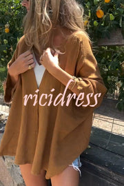 Solid Color V-neck Loose Long-sleeved Button Top